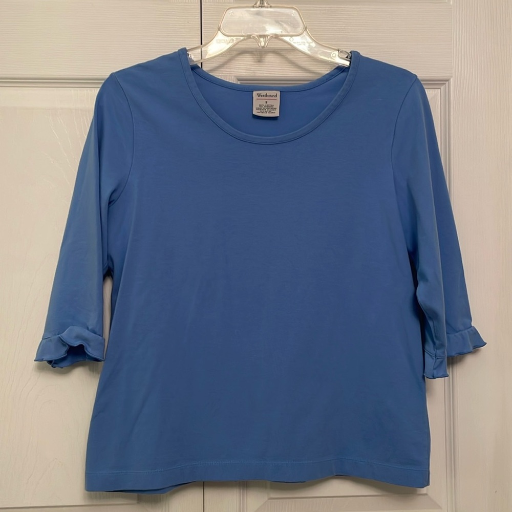 Westbound Blue Popover with Ruffle Quarter Length Sleeves Small